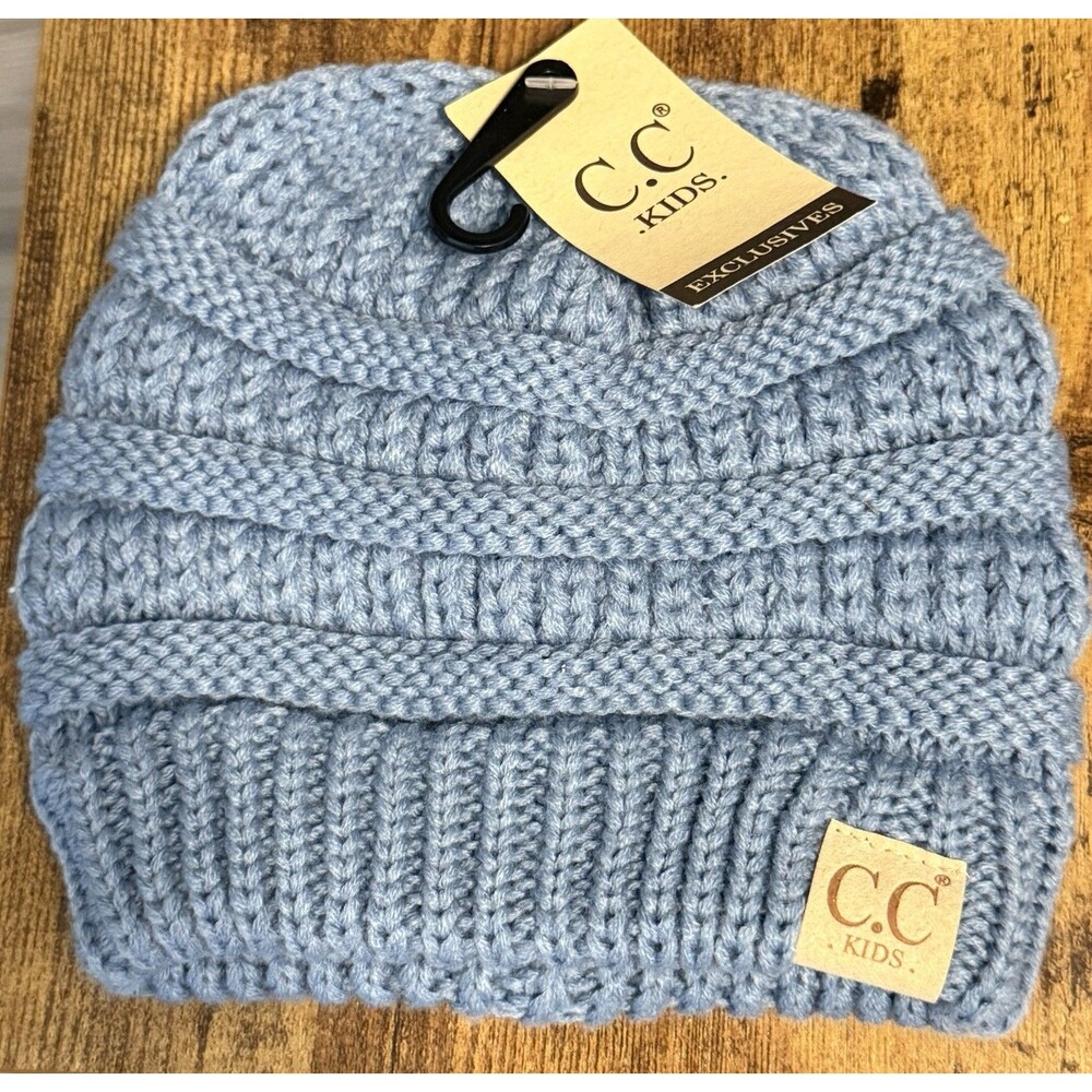 C.C Kids Blue Knit Beanie Hat One Size Stretch Logo Acrylic Unisex Kids